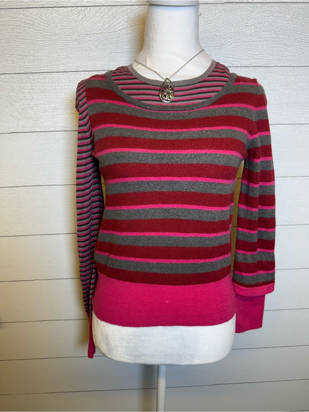 Marc by Marc Jacobs Maroon Red Multi Striped  Merino Wool Crewneck Sweater Small
